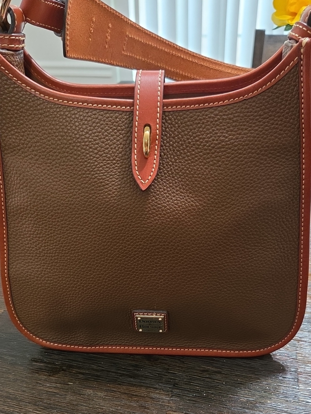 Dooney & Bourke Brown Pebbled Leather Shoulder Bag with Tan Trim